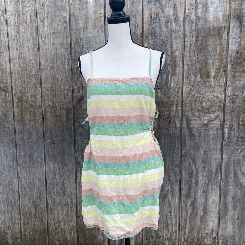 Aerie Green Striped Side Cut Out Linen Blend Mini Dress Size M - Picture 3 of 12